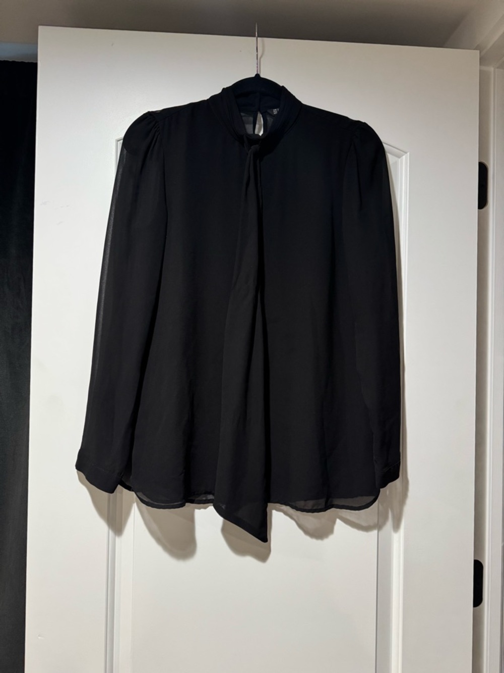 Zara Black Long-Sleeve Tie-Neck Blouse - Women
